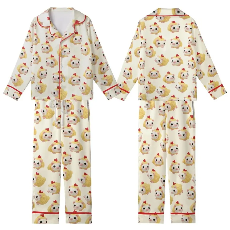 Whimsical Amigurumi Opossum Chicks: Crocheted Pastel Yellow Animal Print Pajamas Kid Satin Pajamas Set - 1