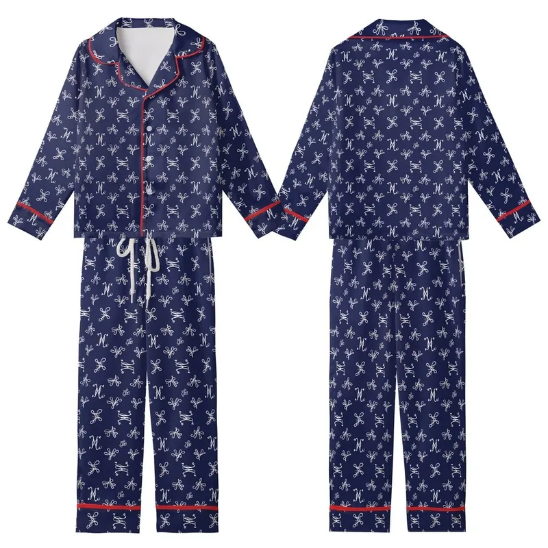 Refined Individuals' Dark Navy White Intertwined E M Script Monogram Repeating Pattern Kid Satin Pajamas Set - YoOof0FsE4