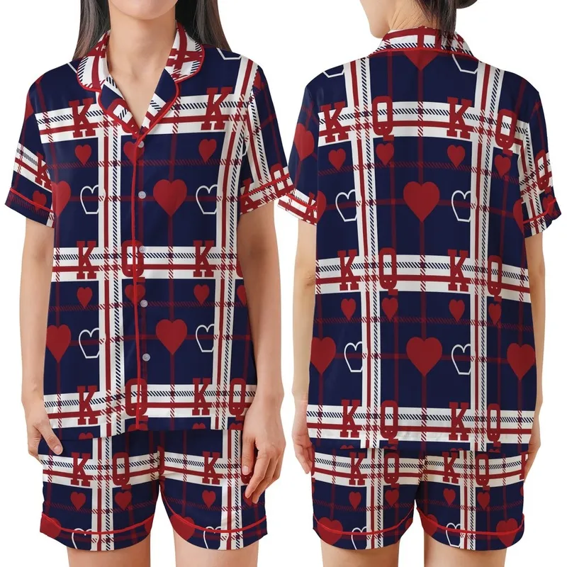 Couples' King Queen Heart Plaid Pattern Cotton Flannel Sleep Set Satin Short-Sleeve Pajamas Set - bihYAlIFFZ