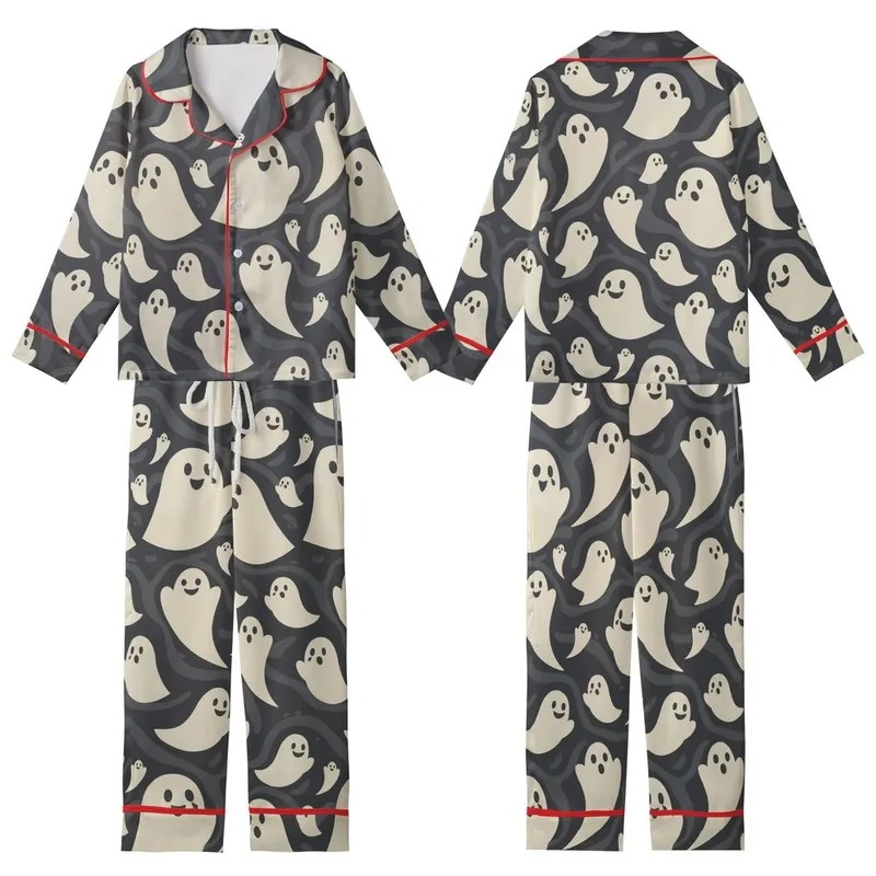 Women's Playful Ghost Sleep Set: Whimsical Hand-Drawn Halloween Polyester Spandex Pajamas Kid Satin Pajamas Set - 1