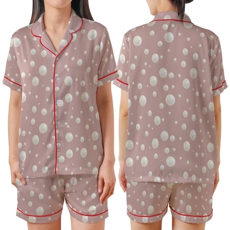 Bridal Pearl Blush Pink Sphere Design Robe and Slip Sleep Set Satin Short-Sleeve Pajamas Set - i5muIDucHm