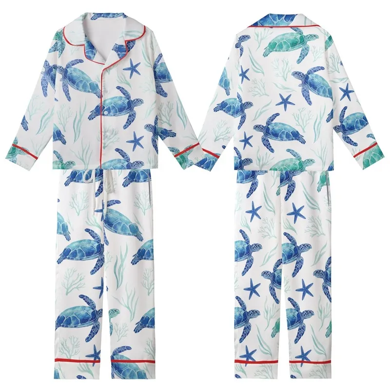 Women's Vibrant Blue Sea Turtle & Starfish Satin Sleep Set Kid Satin Pajamas Set - QlHJc5ttin