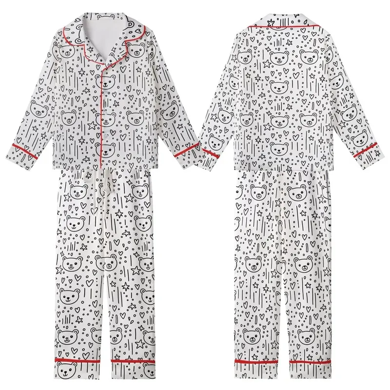 Cute Aesthetic Fans' Black White Whimsical Bear Head Heart Star Dot Line Pattern Kid Satin Pajamas Set - cQ2bKabEjE