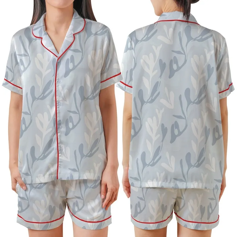 Women's Abstract Botanical Pattern Linen Sleep Set: Organic Stonewashed Comfort Satin Short-Sleeve Pajamas Set - 12sSGVFELq