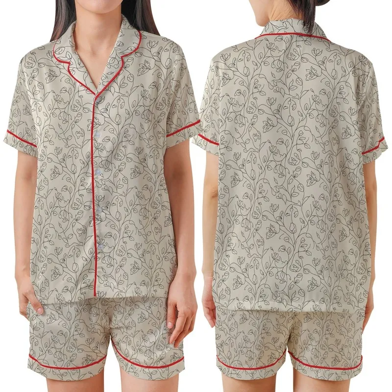 Personalized Bridesmaid & Bridal Sage Green Abstract Floral Satin Long Sleeve Sleep Set Satin Short-Sleeve Pajamas Set - 1