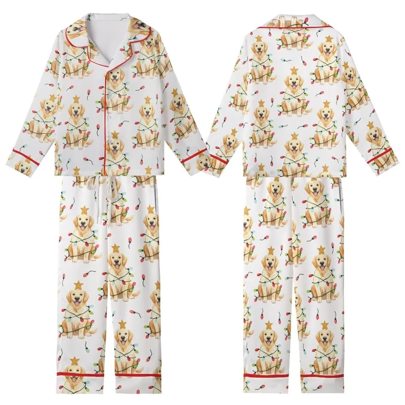 Golden Retriever Lover's Cream Pajamas: Hand-Painted Watercolor Christmas Lights Dog & Gold Star Kid Satin Pajamas Set - 6ZVpsG2-8r