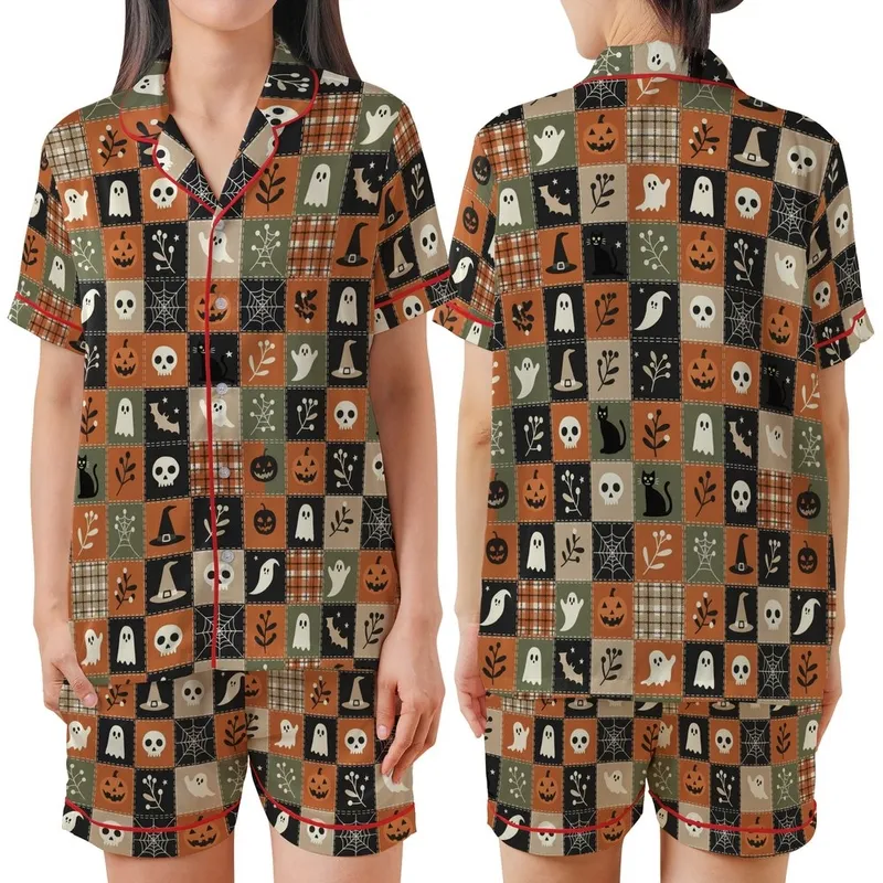 Women's Halloween Patchwork Sleep Set: Quilted Ghost Bat Pumpkin Skull Folk Art Design Satin Short-Sleeve Pajamas Set - 1