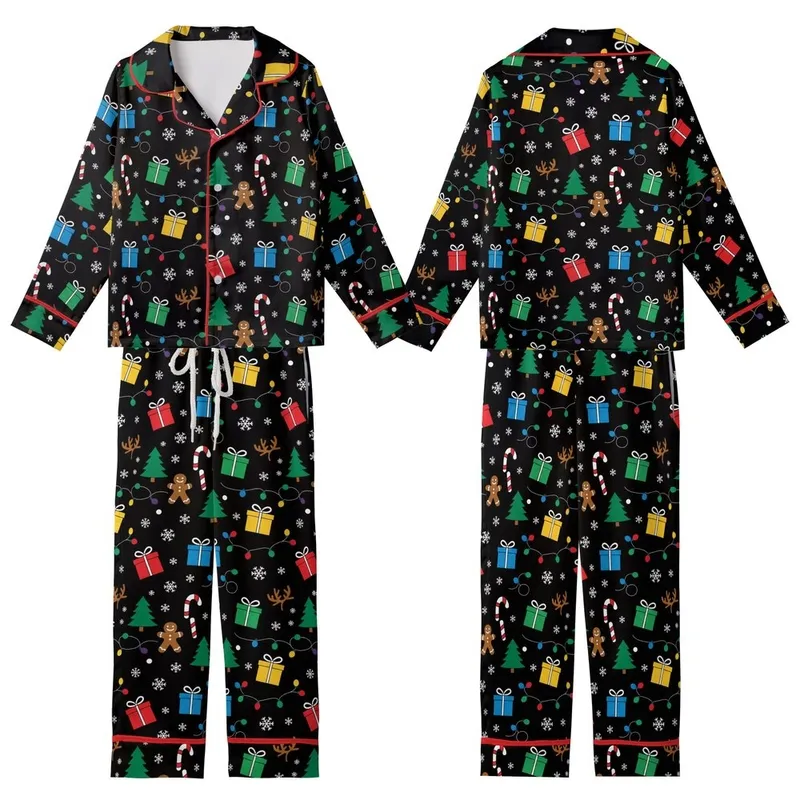 Festive Celebrators' Graphic Black Christmas Candy Cane Gingerbread Rainbow Lights Pattern Kid Satin Pajamas Set - acDK6DN3zP