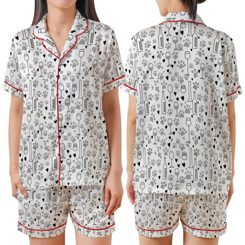Women's Dog & Wine Lover: Playful Paw Print & Wine Glass Pattern Cozy Loungewear Satin Short-Sleeve Pajamas Set - EGajhRHyXy