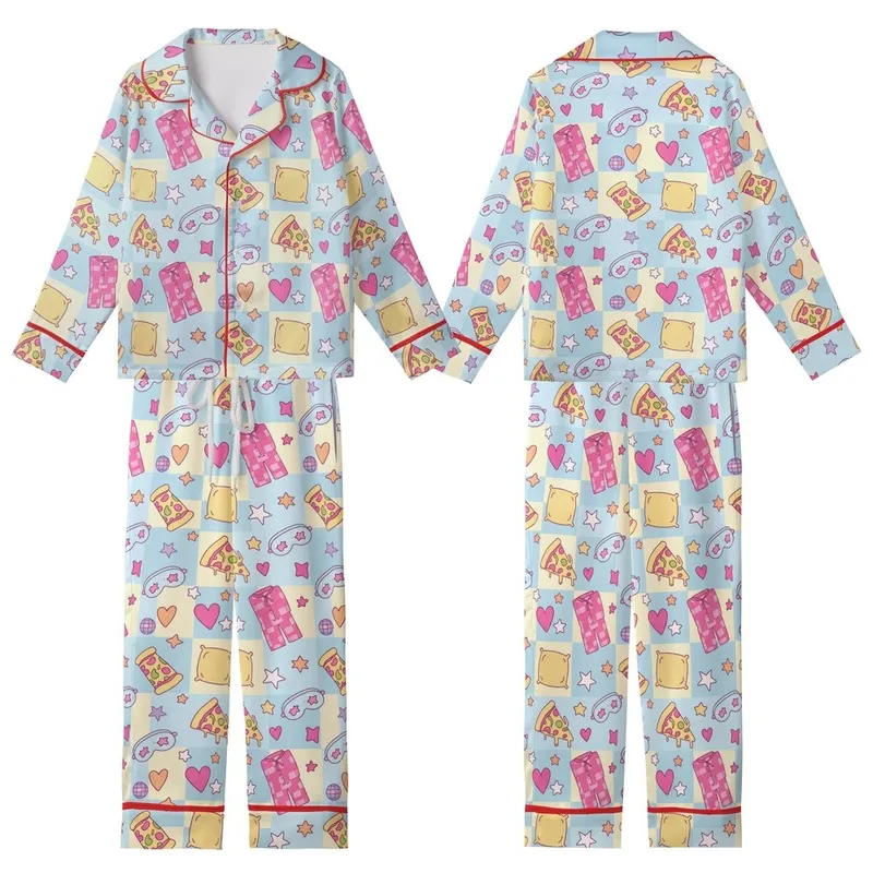 Girls' Groovy Pizza Pajamas: Pink Sleepover Print with Disco Balls - Playful Lounge Set Kid Satin Pajamas Set - 1