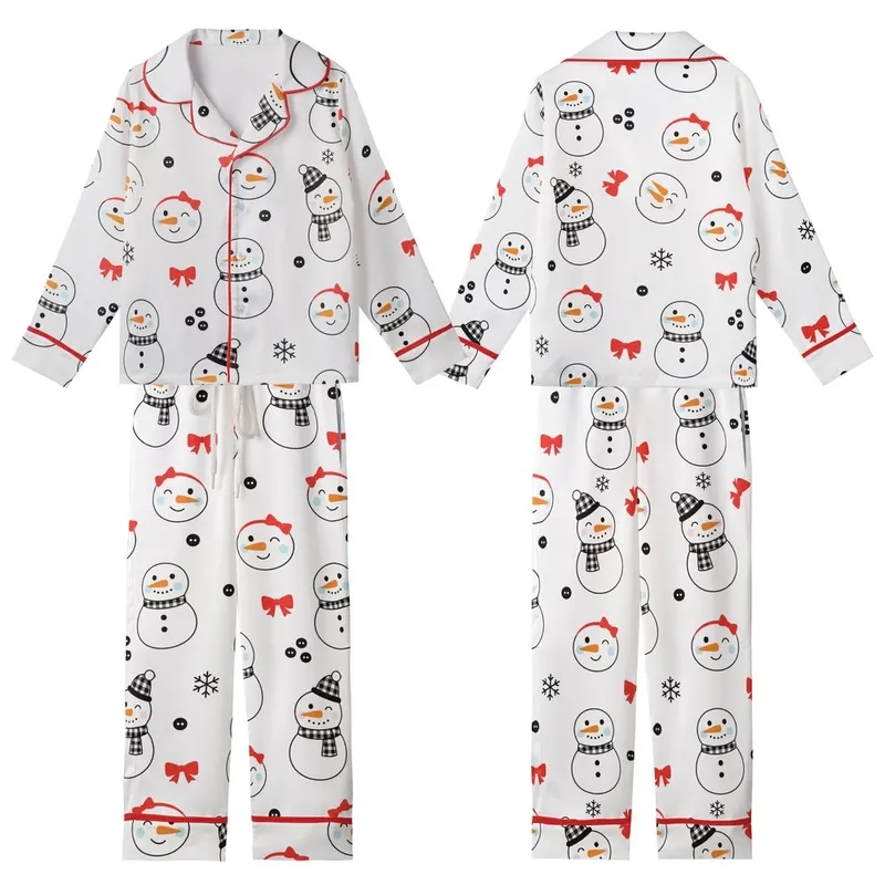 Festive Enthusiasts' Cute Cartoon Snowman Pattern with Bright Red Bows & Buffalo Check Scarves Kid Satin Pajamas Set - 1