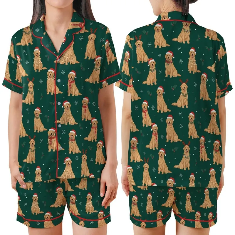 Golden Retriever Lovers' Festive Forest Green Christmas Golden Retriever Pattern with Santa Hats, Scarves, Holly & Snowflakes Satin Short-Sleeve Pajamas Set - rB4sb2c31V