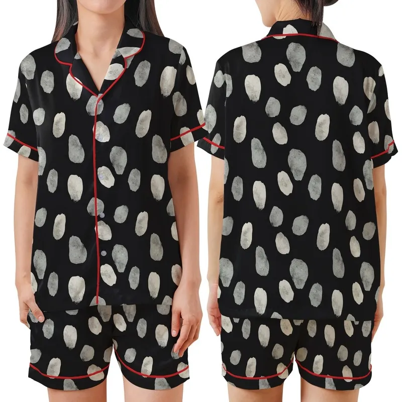Modern Style Enthusiasts Monochromatic Abstract Organic Stone Texture Pattern, Charcoal Grey Light Grey Hand-Drawn Shapes Satin Short-Sleeve Pajamas Set - 1