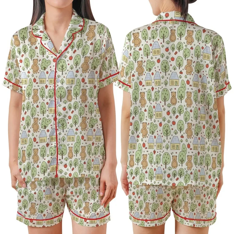 Childlike Aesthetic Adorers' Whimsical Hand-Drawn Teddy Bear Cottage Pattern: Light Brown, Pale Yellow on Creamy Off-White Satin Short-Sleeve Pajamas Set - 1