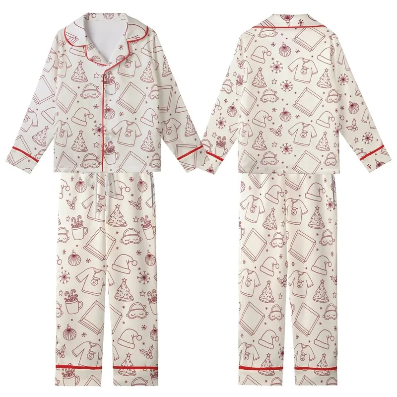 Cozy Christmas Lovers' Red Cream Hand-Drawn Whimsical Scattered Holiday Pizza & Snowman Pattern Kid Satin Pajamas Set - 1