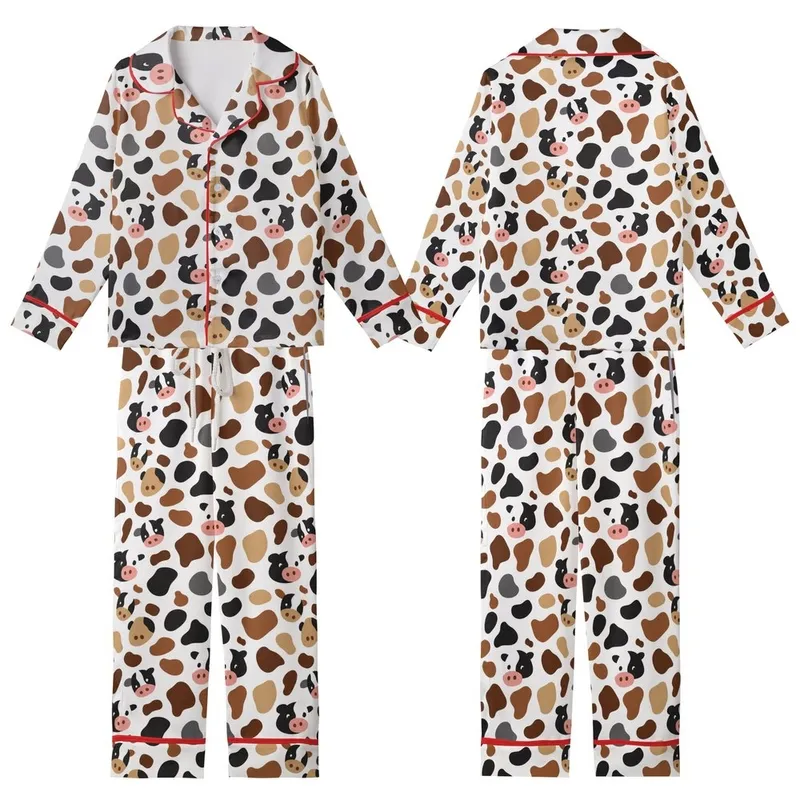 Women's & Family Playful Cow Print Pajamas: Organic Spot & Moo Face Silky Sleep Set Kid Satin Pajamas Set - 1