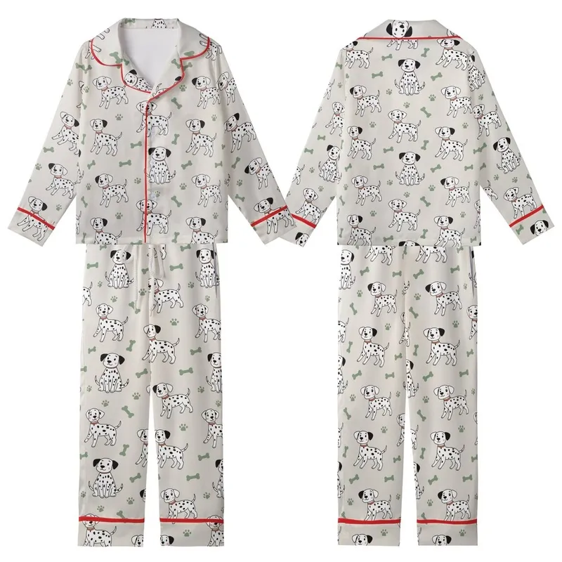 Ridgeback & Large Dog Zippered Sleepsuit: Playful Dalmatian & Paw Print Motif - Grey/Beige Cotton Blend Kid Satin Pajamas Set - 1
