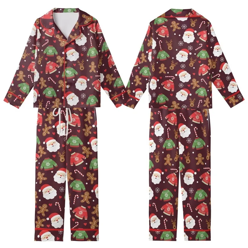 Festive Folks' Deep Maroon Whimsical Holiday Pattern with Cheerful Santa, Gingerbread Men, Reindeer, Candy Canes & White Snowflakes Kid Satin Pajamas Set - 1