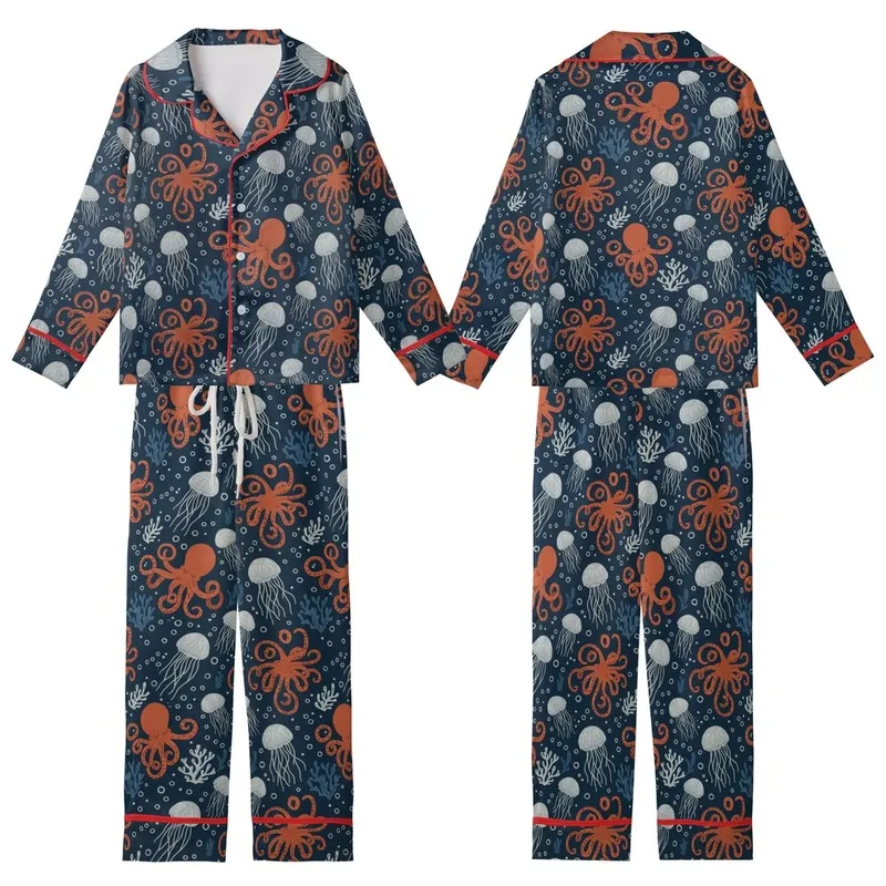 Women's Ocean Octopus Pajamas: Vintage Marine Life Print - Polyester Spandex Sleep Set Kid Satin Pajamas Set - YJFRhwDxs3