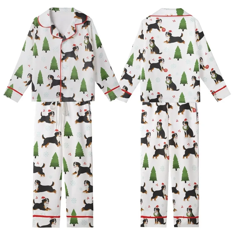 Women's Bernese Mountain Dog Christmas Pajamas Set: Cozy Illustrative Wreath & Santa Hat Print Kid Satin Pajamas Set - 1