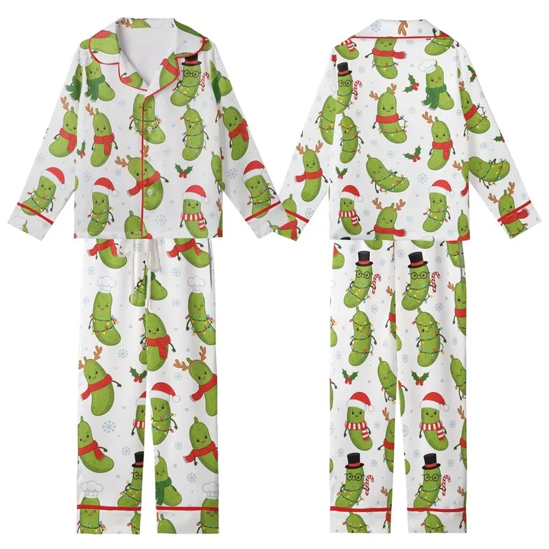 Retro Christmas Pickle Pajamas Set: Whimsical Cartoon Pickles with Santa Hats, Antlers & String Lights Kid Satin Pajamas Set - 1