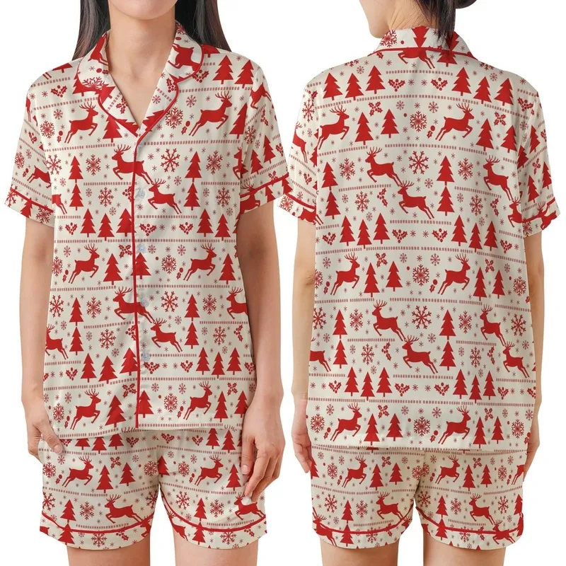 Holiday Enthusiasts' Creamy Off-White Nordic Folk Red Reindeer Pine Tree Snowflake Repeating Pattern Satin Short-Sleeve Pajamas Set - 1