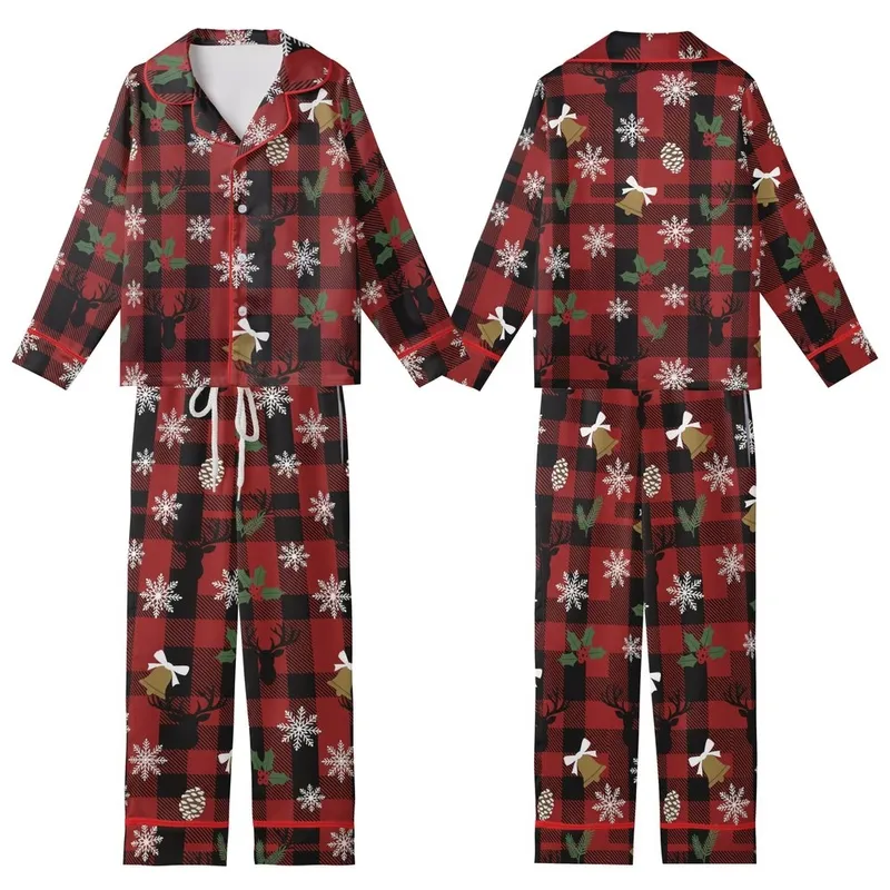 Rustic Winter: Red Black Buffalo Plaid Reindeer Snowflake Holly Berry Pattern Art Kid Satin Pajamas Set - 1