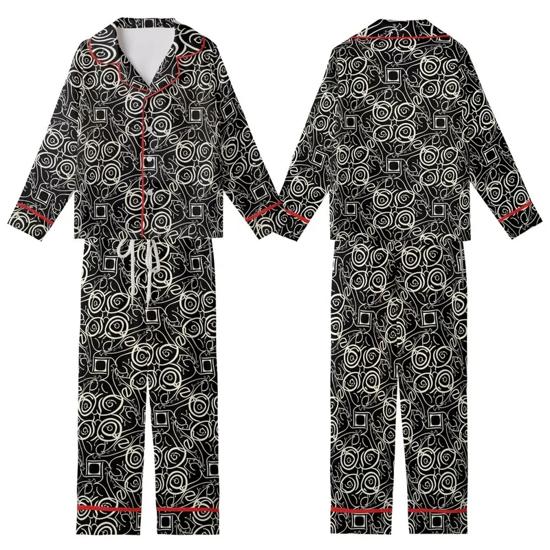 Women's Personalized Satin Long Sleep Set: Elegant Calligraphic Script Black & Off-White Design Kid Satin Pajamas Set - kRLgUQ3QBo