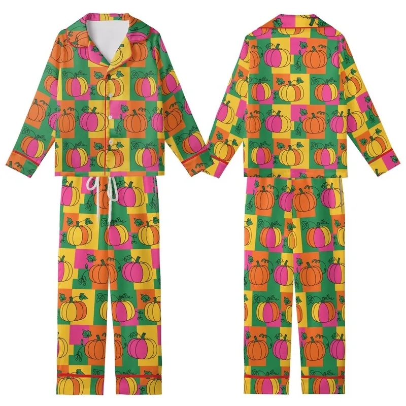Autumn Lovers' Bold Flat Illustrative Pumpkins Neon Pink Yellow Green Geometric Blocks Kid Satin Pajamas Set - 1