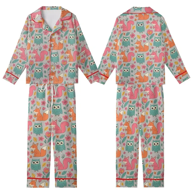 Whimsical Style Lovers' Hand-Drawn Orange Fox Teal Owl Pink Squirrel Floral Taupe-Grey Kid Satin Pajamas Set - 1