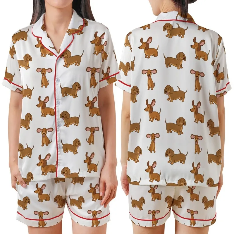 Women's Reddish-Brown Wiener Dog Cartoon Polycotton Shorts Sleep Set Satin Short-Sleeve Pajamas Set - 1