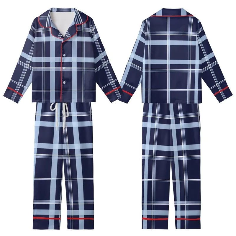 Classic Style Enthusiasts' Intricate Deep Navy Blue Tartan Plaid Pattern with Layered Sky Blue and Crisp White Grid Kid Satin Pajamas Set - 1