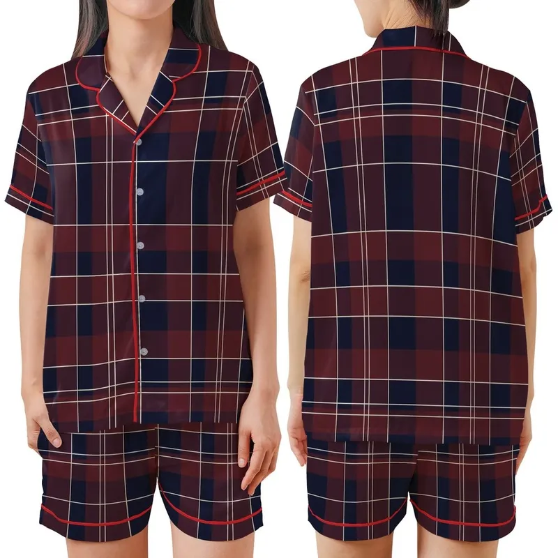 Classic Style Aficionados' Heritage Tartan Plaid Deep Maroon Navy Blue Cream Geometric Pattern Satin Short-Sleeve Pajamas Set - 1