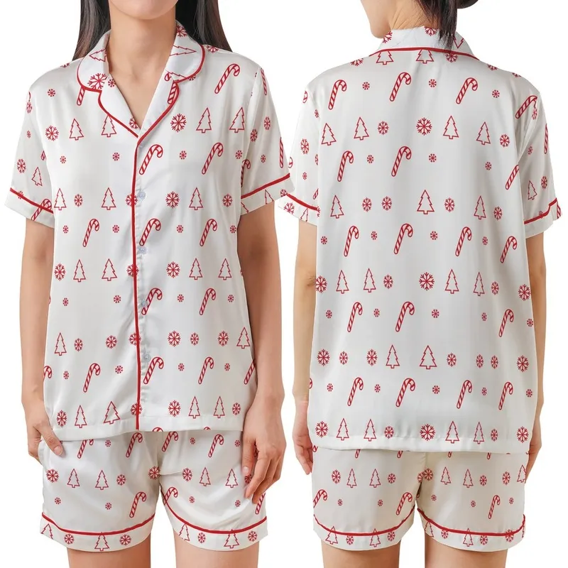 Holiday Enthusiasts' Bright Red White Flat Graphic Christmas Candy Cane Snowflake Tree Seamless Pattern Satin Short-Sleeve Pajamas Set - 1