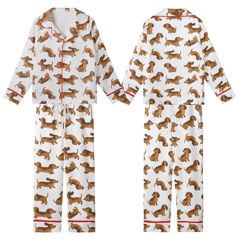 Women's Reddish-Brown Wiener Dog Cartoon Polycotton Shorts Sleep Set Kid Satin Pajamas Set - 1