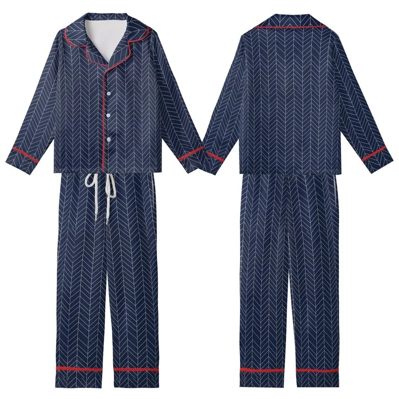 Style-Conscious Adults' Rich Navy Blue Classic Herringbone Pattern with Refined Off-White Lines Kid Satin Pajamas Set - 1