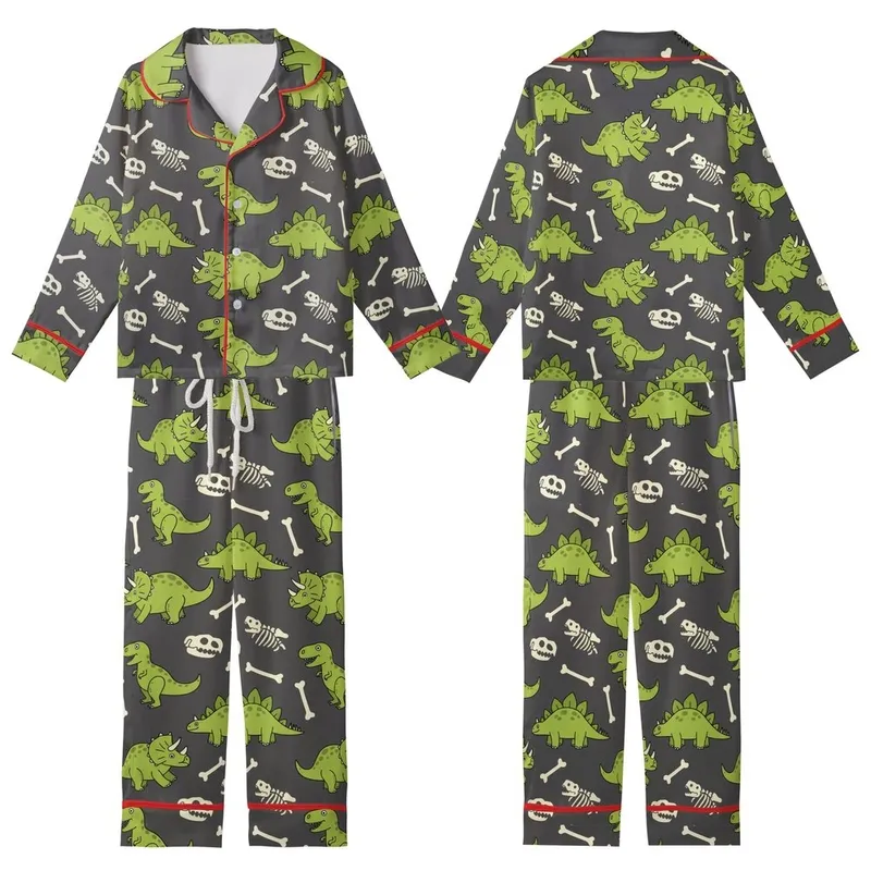 Dinosaur Lovers' Whimsical Lime Green Cartoon Dinosaur & Off-White Fossil Repeat Pattern on Dark Charcoal Grey Kid Satin Pajamas Set - vGu7Xe8rwK