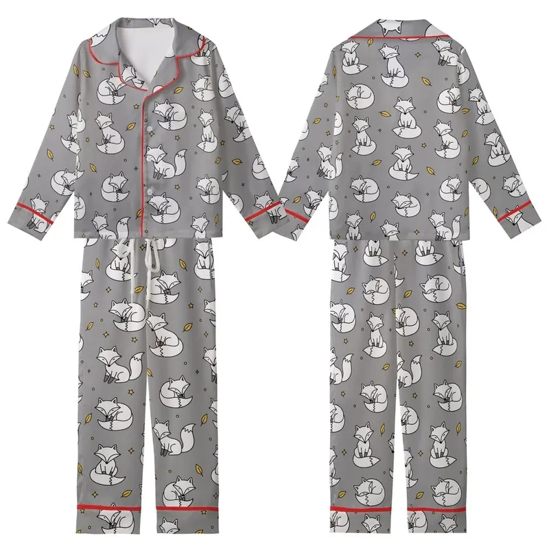 Whimsical Style Fans' Hand-Drawn Playful Cartoon Foxes Muted Grey Mustard Yellow Pattern Kid Satin Pajamas Set - 1