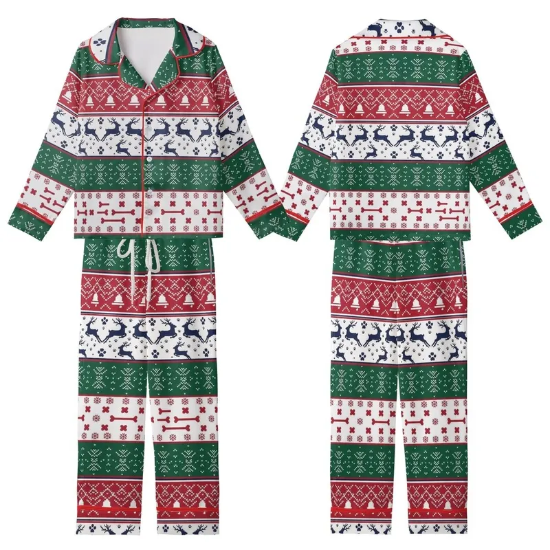 Dog & Cat Festive Jumper: Fair Isle Reindeer, Tree, Bone Knit Cotton Sleepwear Kid Satin Pajamas Set - 1