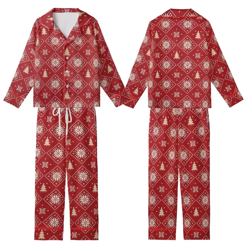 Winter Style Enthusiasts' Deep Red Fair Isle Geometric Diamond Snowflake Reindeer & Tree Pattern Kid Satin Pajamas Set - 1