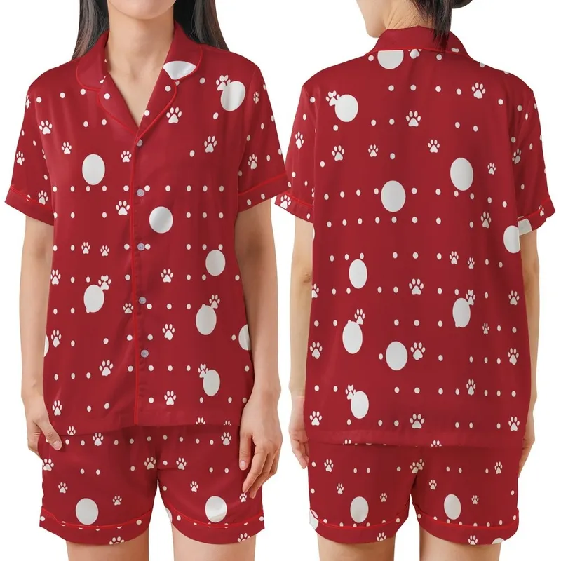 Great Dane XLarge Dog Pajama Pattern: Red Polka Dot Paw Print Digital Download with Zipper - A4/Letter/Poster Print Satin Short-Sleeve Pajamas Set - Hvz834nLxS