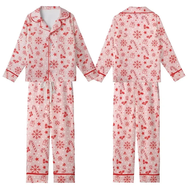 Women's Pastel Pink Candy Cane, Snowflake, & Holly Christmas Loungewear Pajama Set Kid Satin Pajamas Set - OE5AZnGnHs