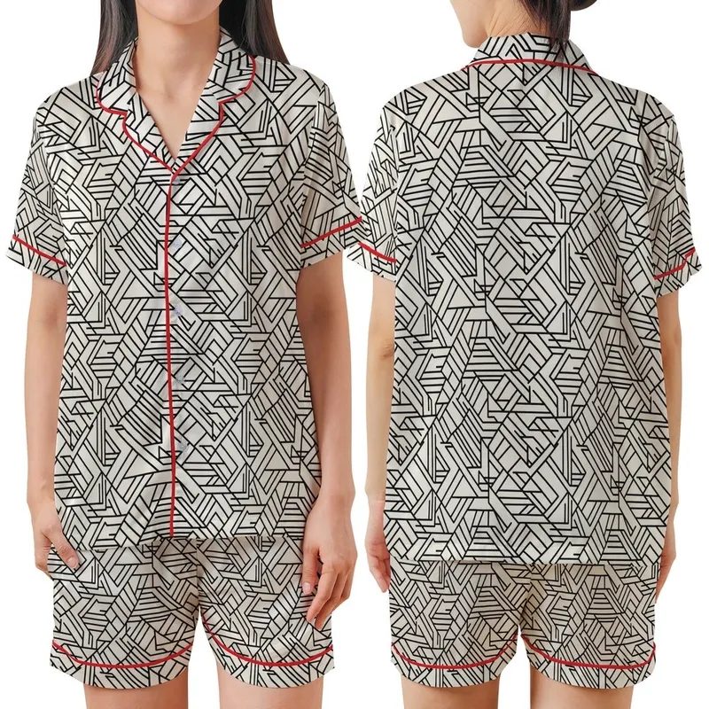 Women's Abstract Geometric Stripe Cotton Sleep Set: Black & Off-White Sharp Line Design Satin Short-Sleeve Pajamas Set - 20rz2nW2LX