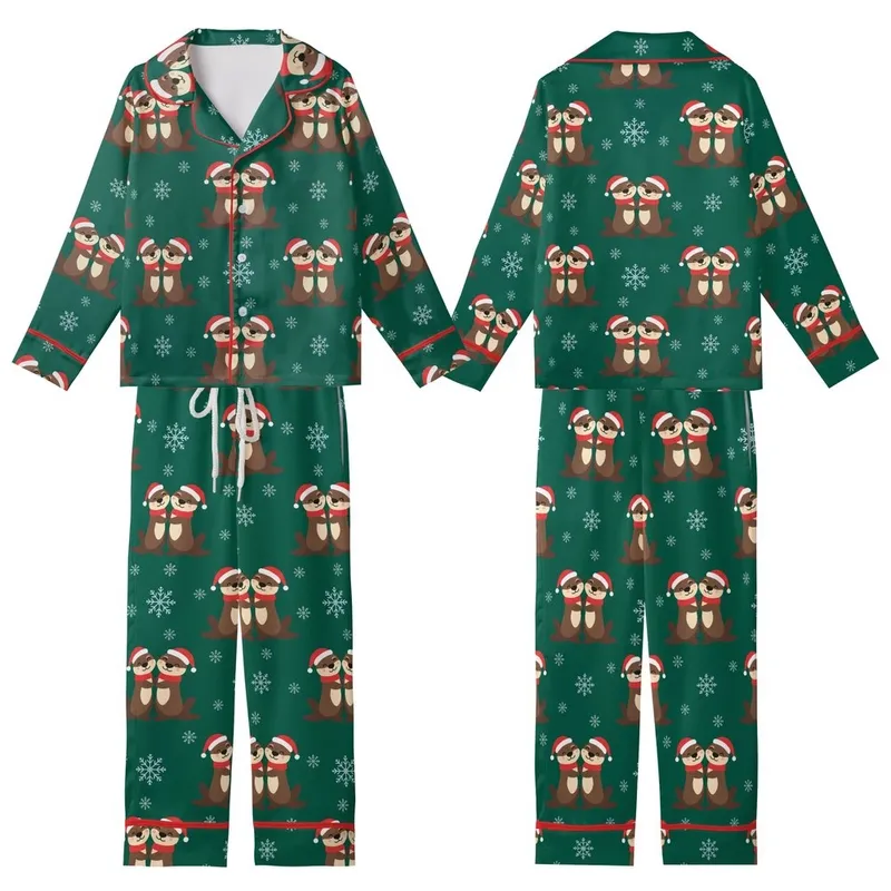 Couples Playful Otter Pun Christmas Sleep Set: Santa Hat Otters & Snowflakes - Forest Green Loungewear Kid Satin Pajamas Set - hVLkdsQN-l