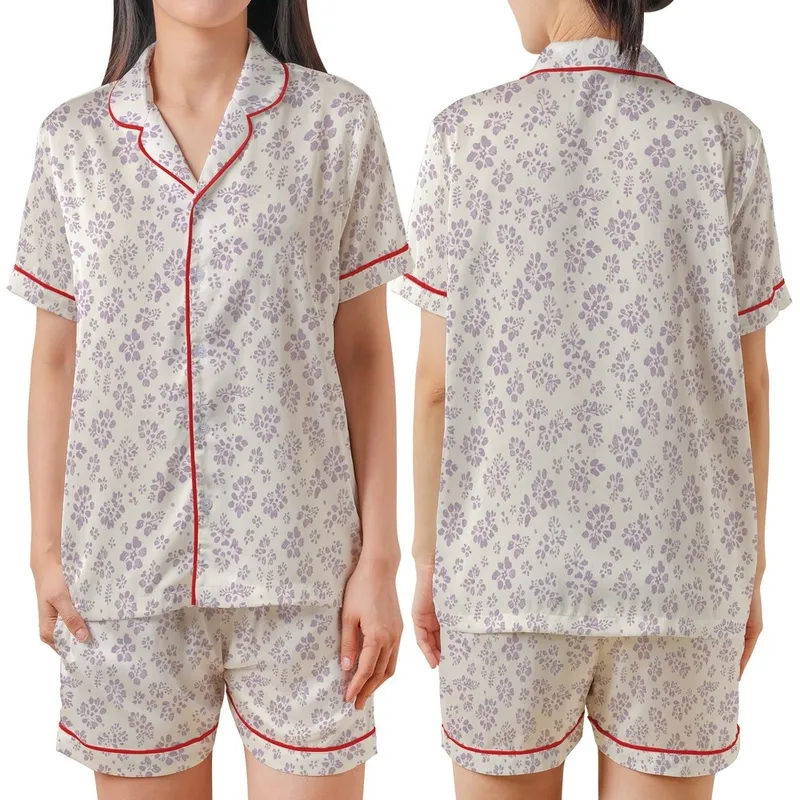 Women's Delicate Abstract Floral Ditsy Lavender Off-White Scattered Motif Sleep Set Satin Short-Sleeve Pajamas Set - wyequaxvQp