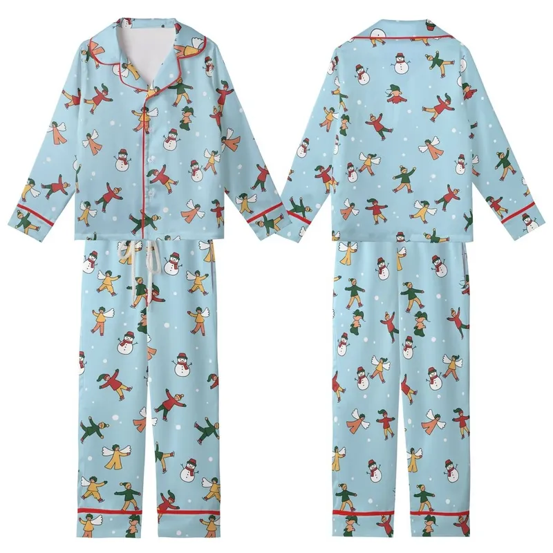 Festive Winter Fun: Hand-Drawn Snow Angels, Skaters, Snowmen Pattern - Cheerful Sky Blue Design Kid Satin Pajamas Set - 1