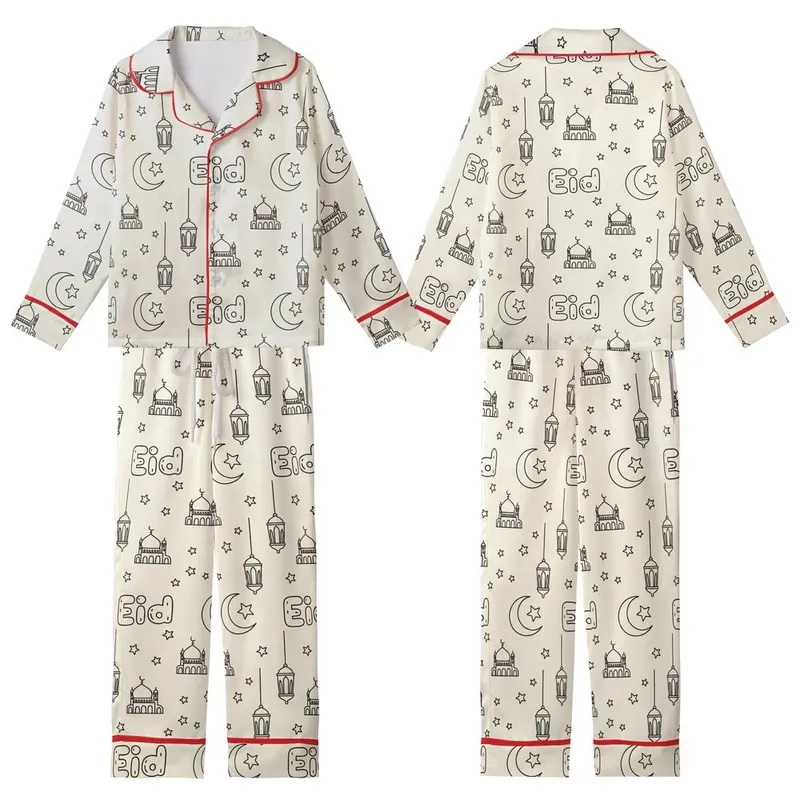 Playful Eid Celebration: Hand-Drawn Mosque & Moon Outline Art Print Kid Satin Pajamas Set - 1