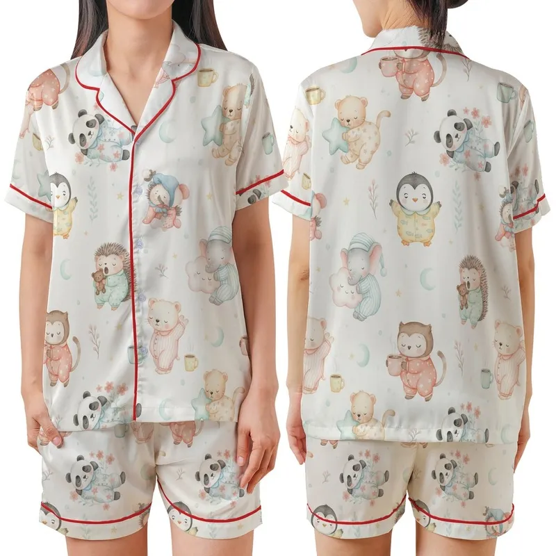 Watercolor Baby Animals Pajamas: Woodland Critters Seamless Pattern Sleep Set Satin Short-Sleeve Pajamas Set - 1