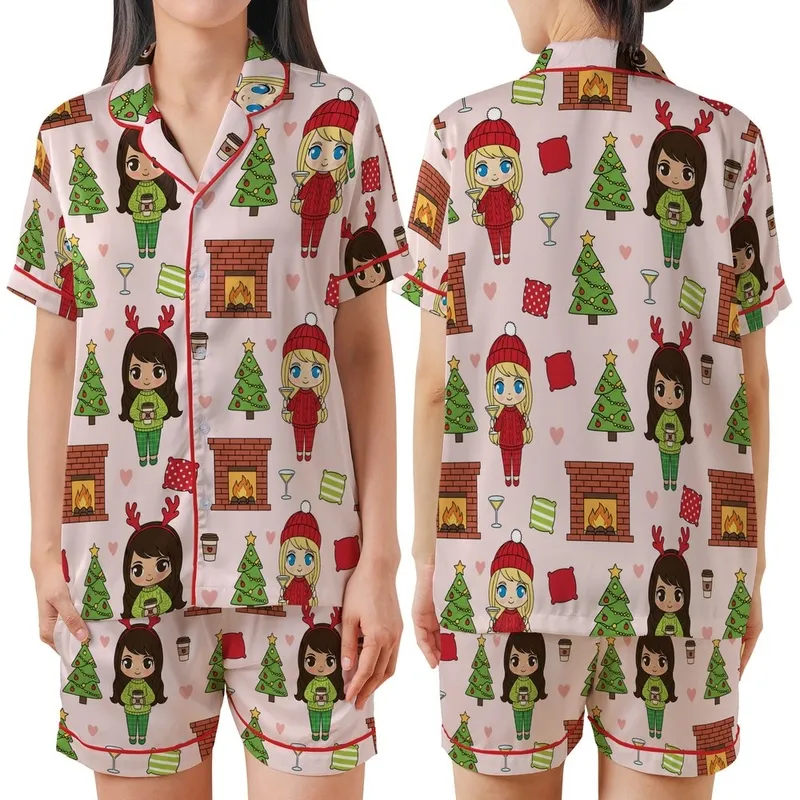 Chibi Best Friends Christmas Pajamas Clipart: Cozy Soul Sisters Pattern PNG Satin Short-Sleeve Pajamas Set - 1