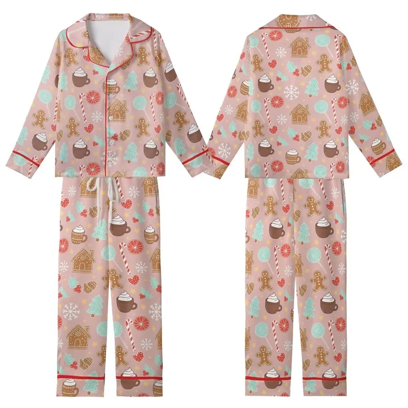Women's Cozy Muted Pink Gingerbread Sleep Set: Festive Cookie, Holly & Candy Cane Print Kid Satin Pajamas Set - 1